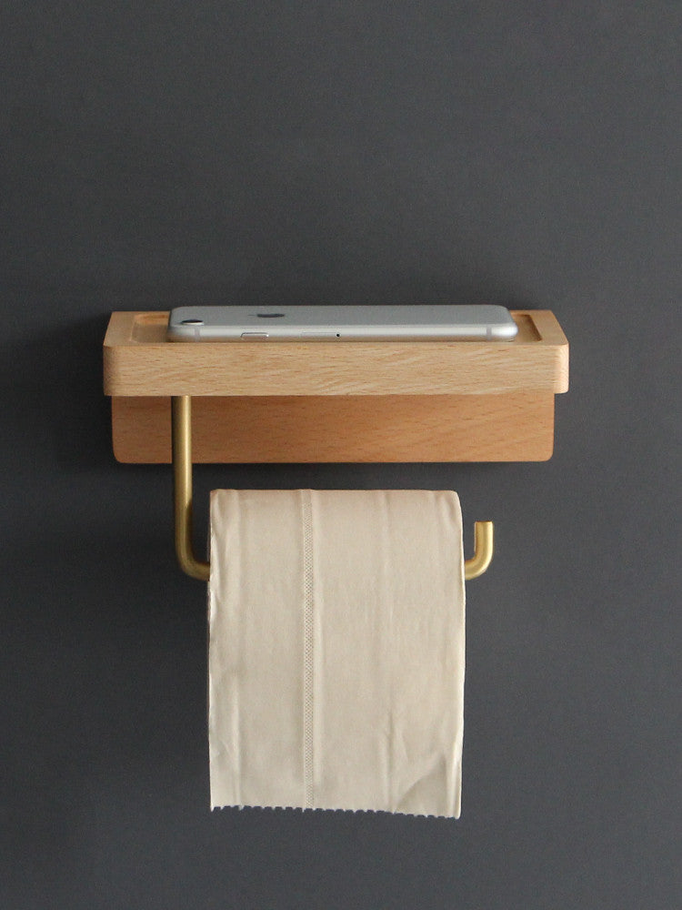 Toilettenpapierrollenhalter aus Holz mit Handyhalterung